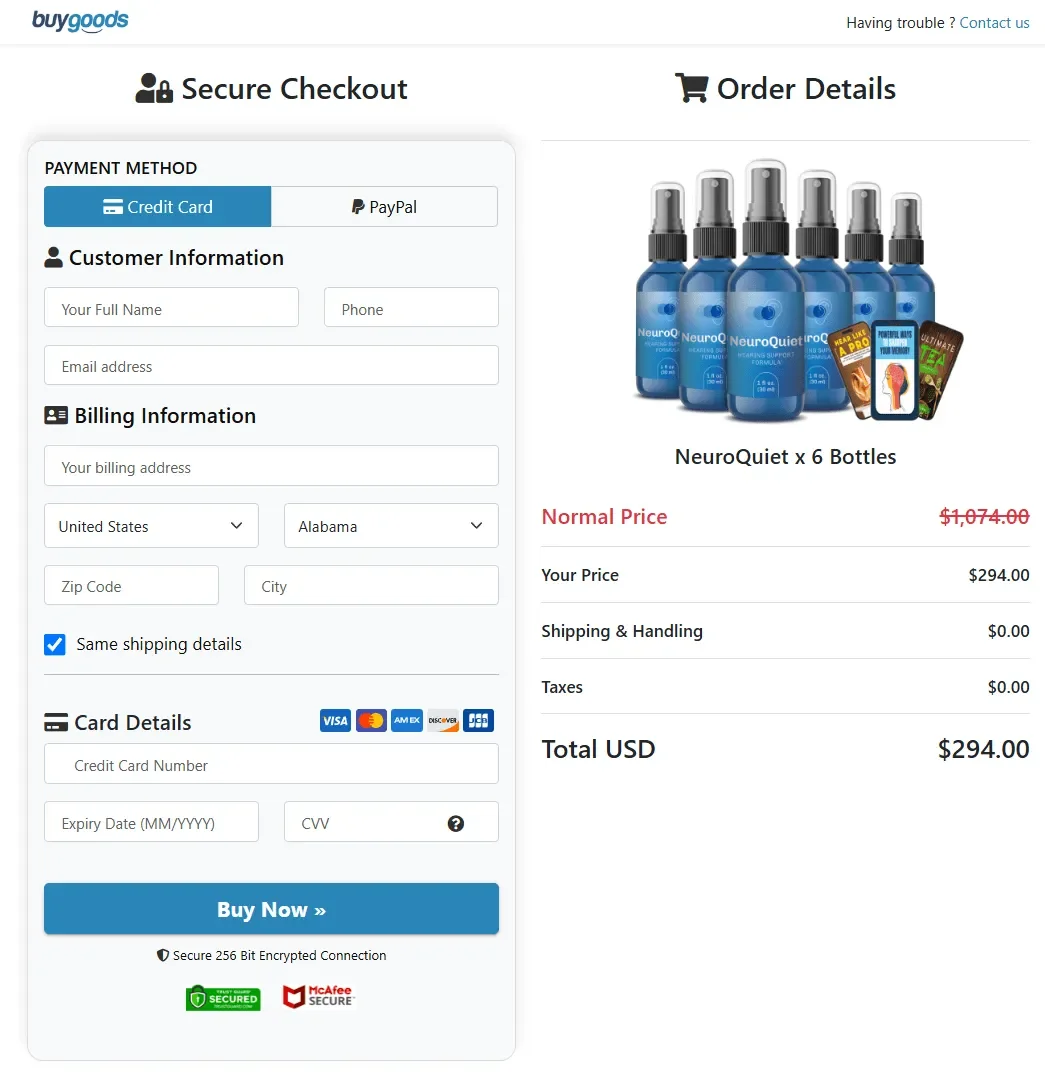 NeuroQuiet  payment method